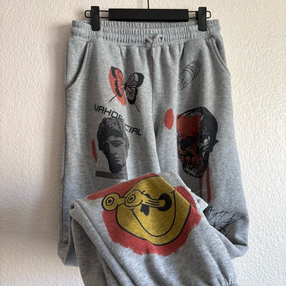 Pants - Medium no tag Graphic Gray Sweatpants with Red, Black & Yellow Print